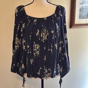 a.n.a Navy Floral Blouse with Yellow Accents